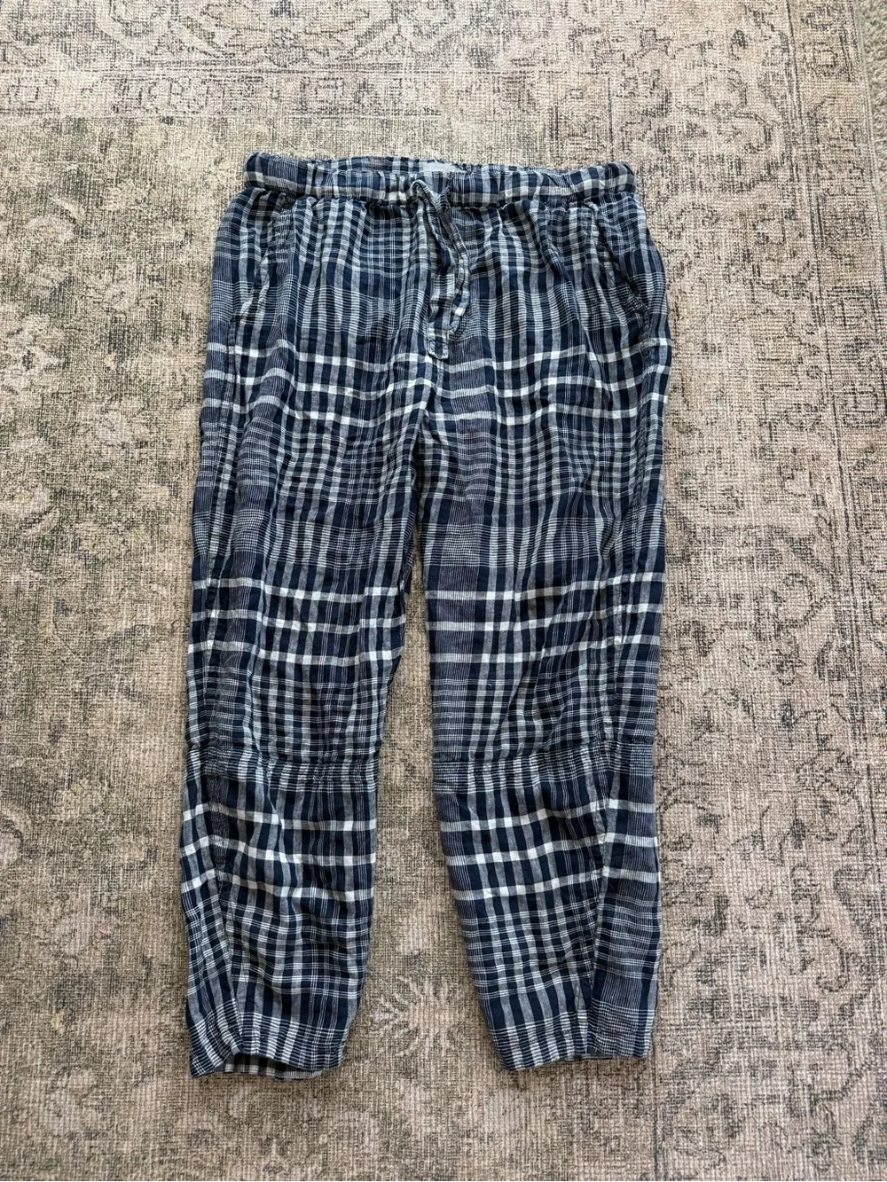 Everlane The Linen Pull On Barrel Pant 100% Linen Navy Plaid High Waist Size XL